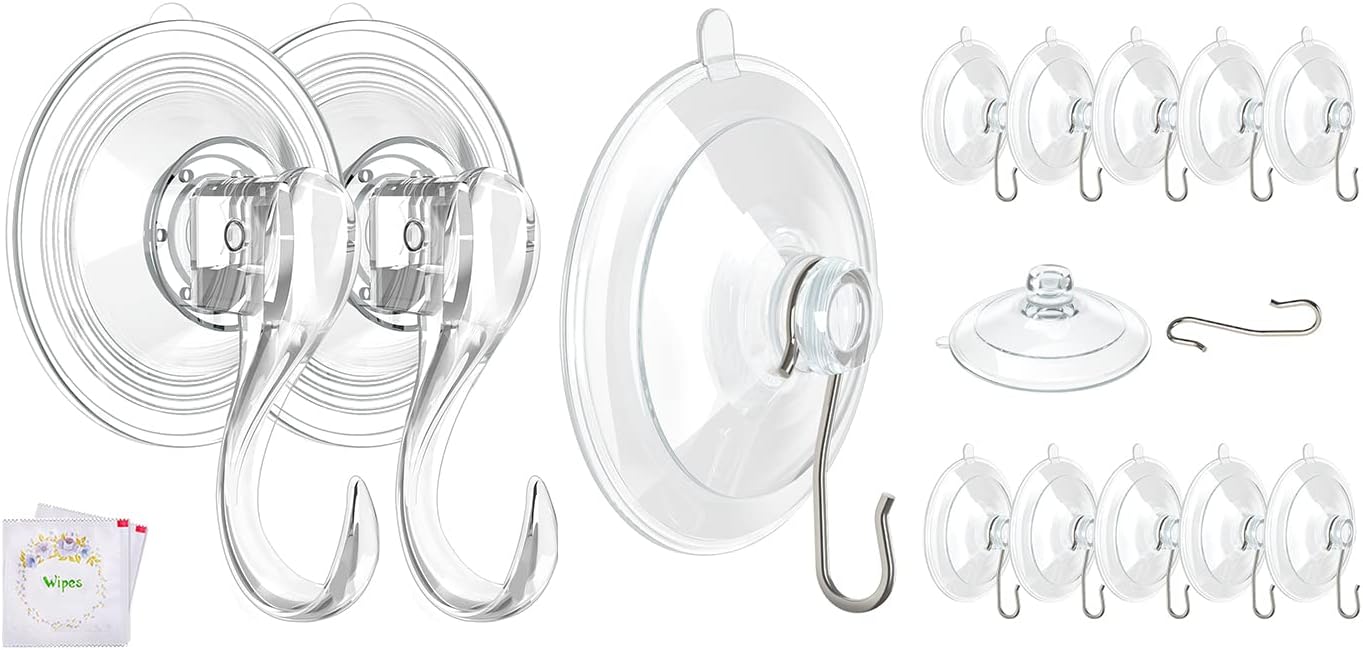 VIS'V Suction Cup Hooks - 2 Large & 12 Small Metal Hooks for Strong Hold | Home Organization