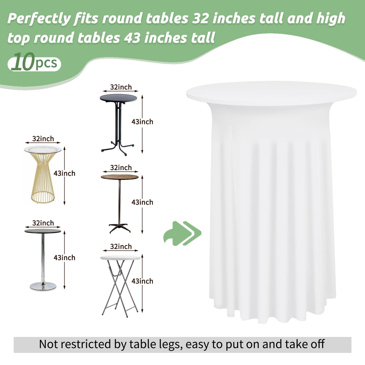 YJYQHYX 6 Packs Round Cocktail Table Skirt 24"x 43" Spandex Stretch Cocktail Table Cloths with Wavy Skirt, Spandex Fitted High Top Table Covers for Wedding Party Birthday Banquet Table (White)