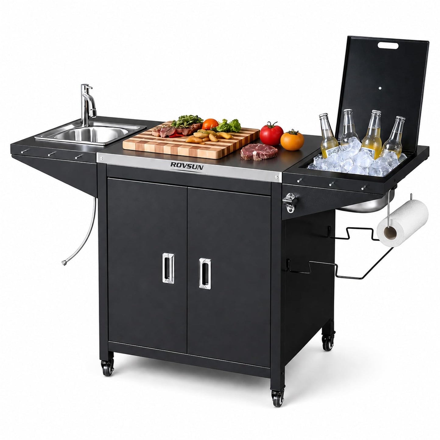 ROVSUN Outdoor Grill Cart with Sink, 304 Stainless Steel Sink with Chilly Bin Cooler, Rolling Kitchen Prep Island with Cabinet, Bottle Opener, Rubbish Rack, Patio, Gardens, Backyards