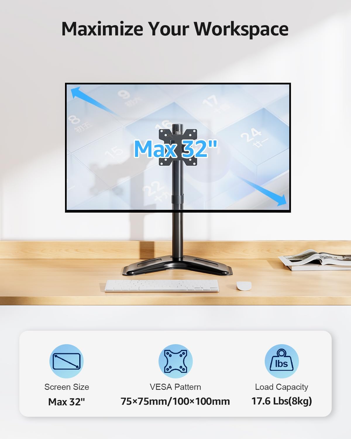MOUNTUP 13'' 32'' 17.6 lbs, 75x75/100x100 MU0023 Single Monitor Stands, Freestanding VESA Monitor Desk Mount fits