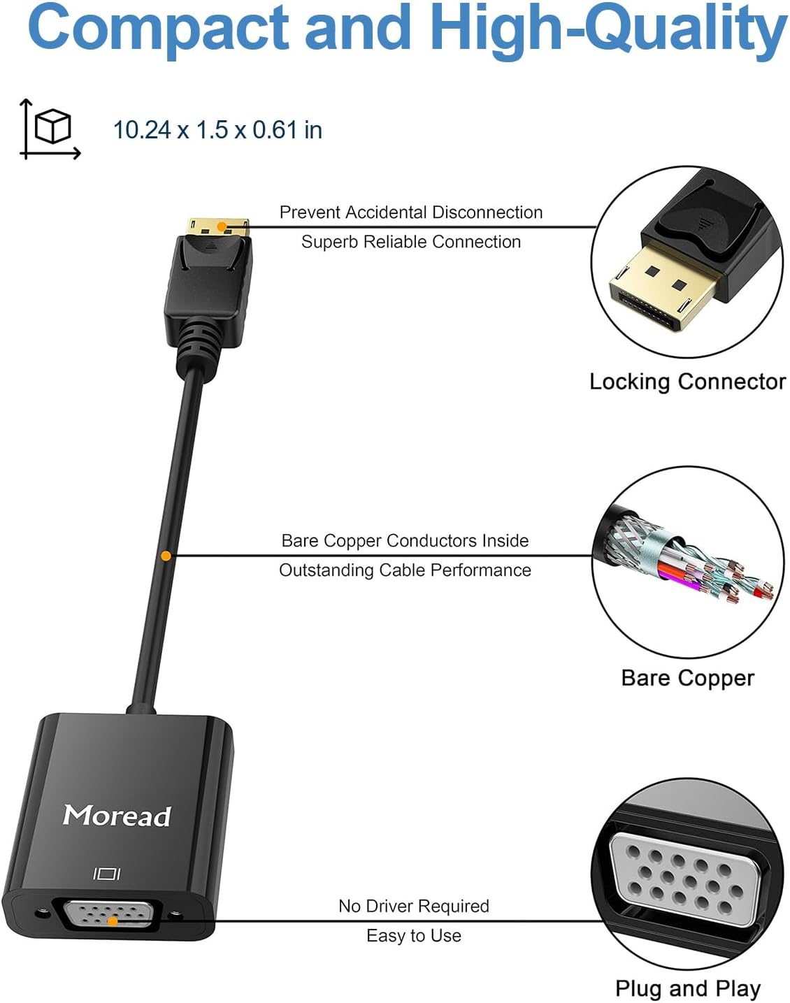Moread DisplayPort (DP) to VGA Adapter, Gold-Plated Display Port to VGA Adapter (Male to Female) Compatible
