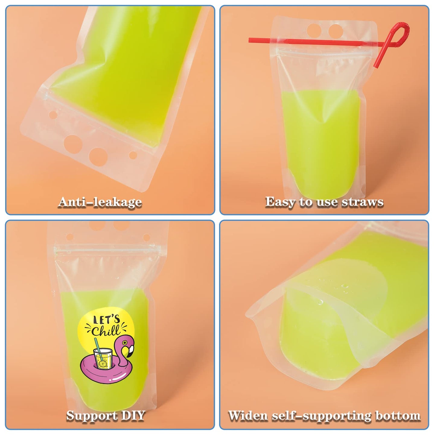 Ouddy 50 Pcs Drink Pouches, Juice Pouches for Adults, Reusable, Reclosable Zipper Smoothie Bags for Cold & Hot Drinks with 50 Straws & Silicone Funnel