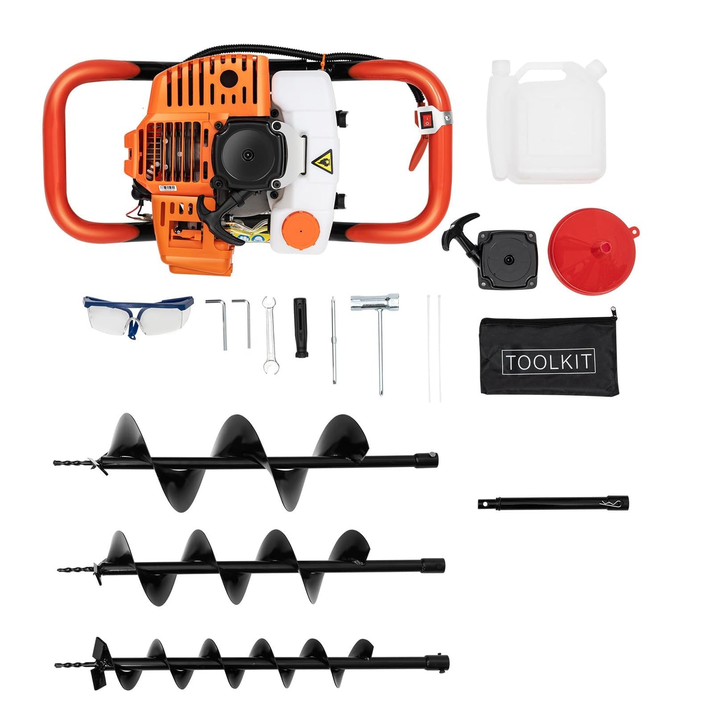 52CC Post Hole Digger Gas Powered, 1.98HP 2 Stroke Auger Post Hole Digger with 3 Drill Bits (4"/6"/8") + 1 Extension Rod for Planting - Ideal for Farm & Garden - Orange-[Arrives in Two Boxes]
