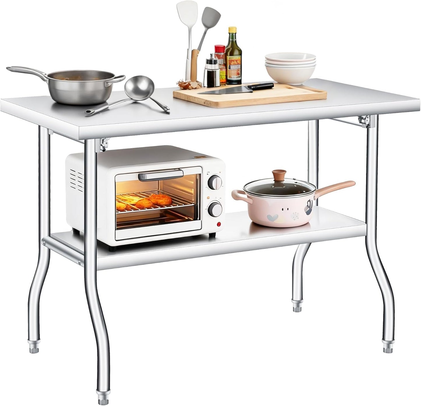 GAOMON Stainless Steel Foldable Table, 48x24 Inch Industrial Workbench with Bottom Storage Shelf, 1800 LBS Capacity Portable Utility Table for Workshop, Warehouse and Garage, Heavy Duty