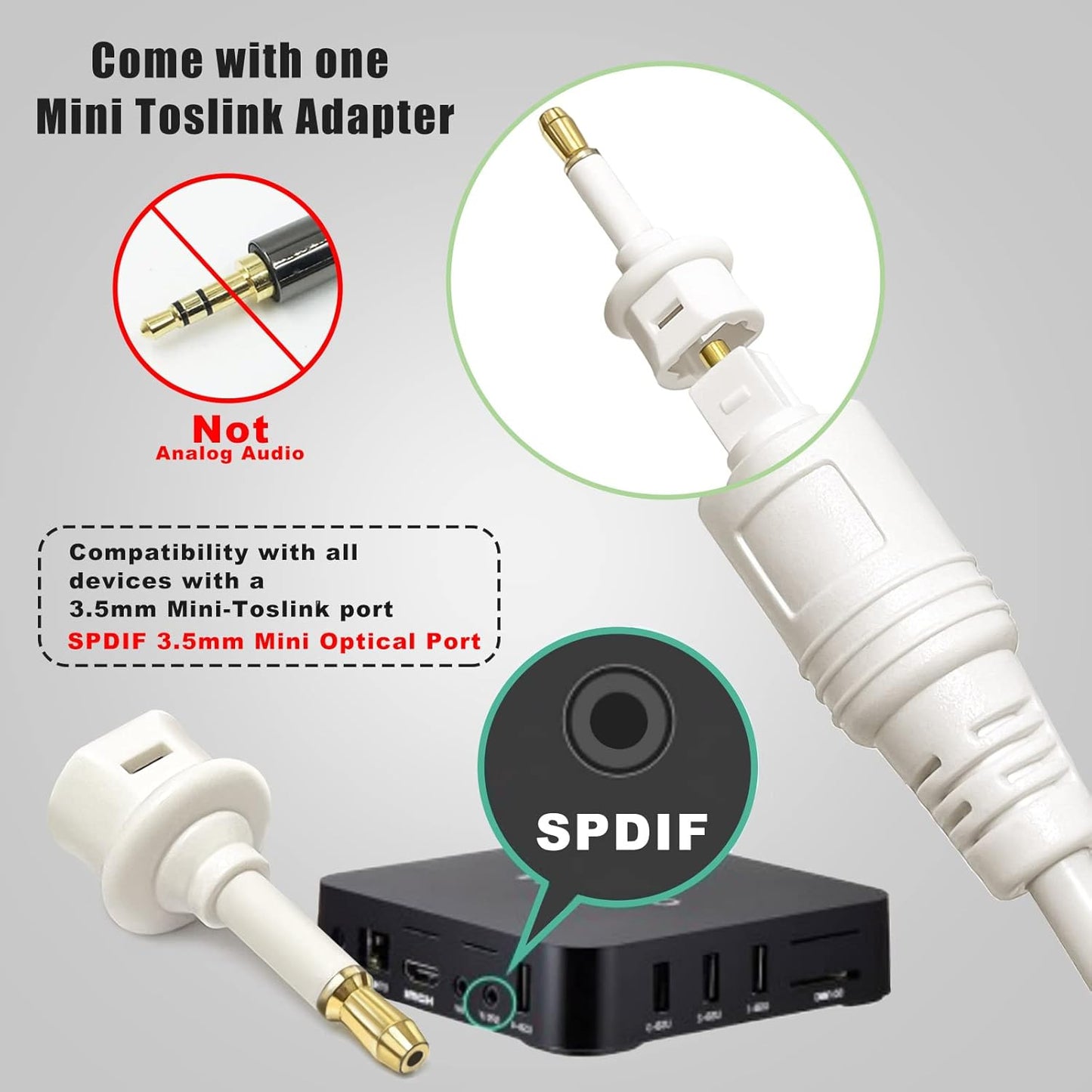 15 Bar/TV/PS4/Xbox/Home Slim White Optical Audio Cable feet, Digital Toslink Fiber Optic Audio Cord, Optical Sound