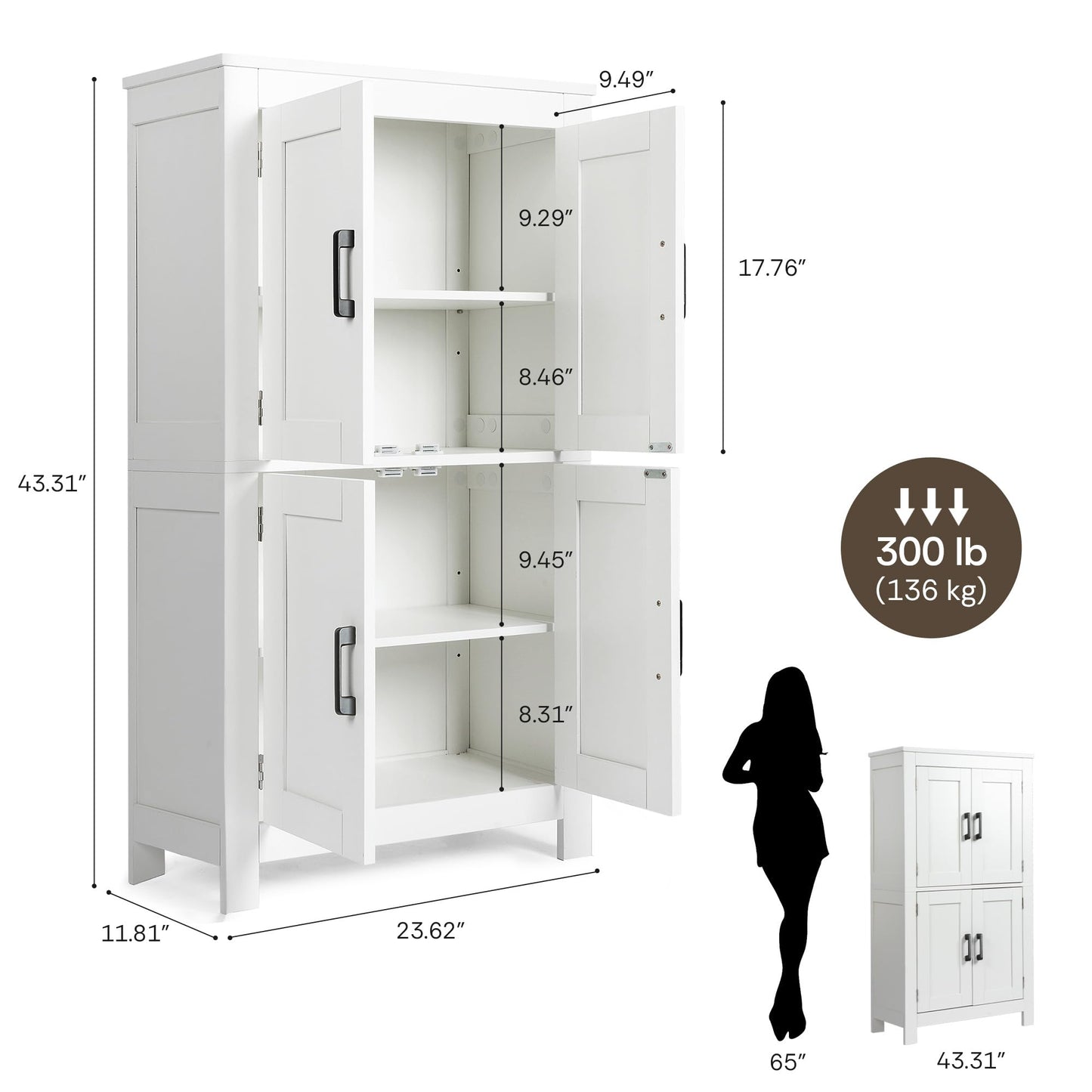 VUSIGN Wooden Bathroom Storage Cabinet, Floor Organizer with 4 Doors and Adjustable Shelves, Freestanding Storage Cabinet for Kitchen Living Room, Dining Room, Entryway, White