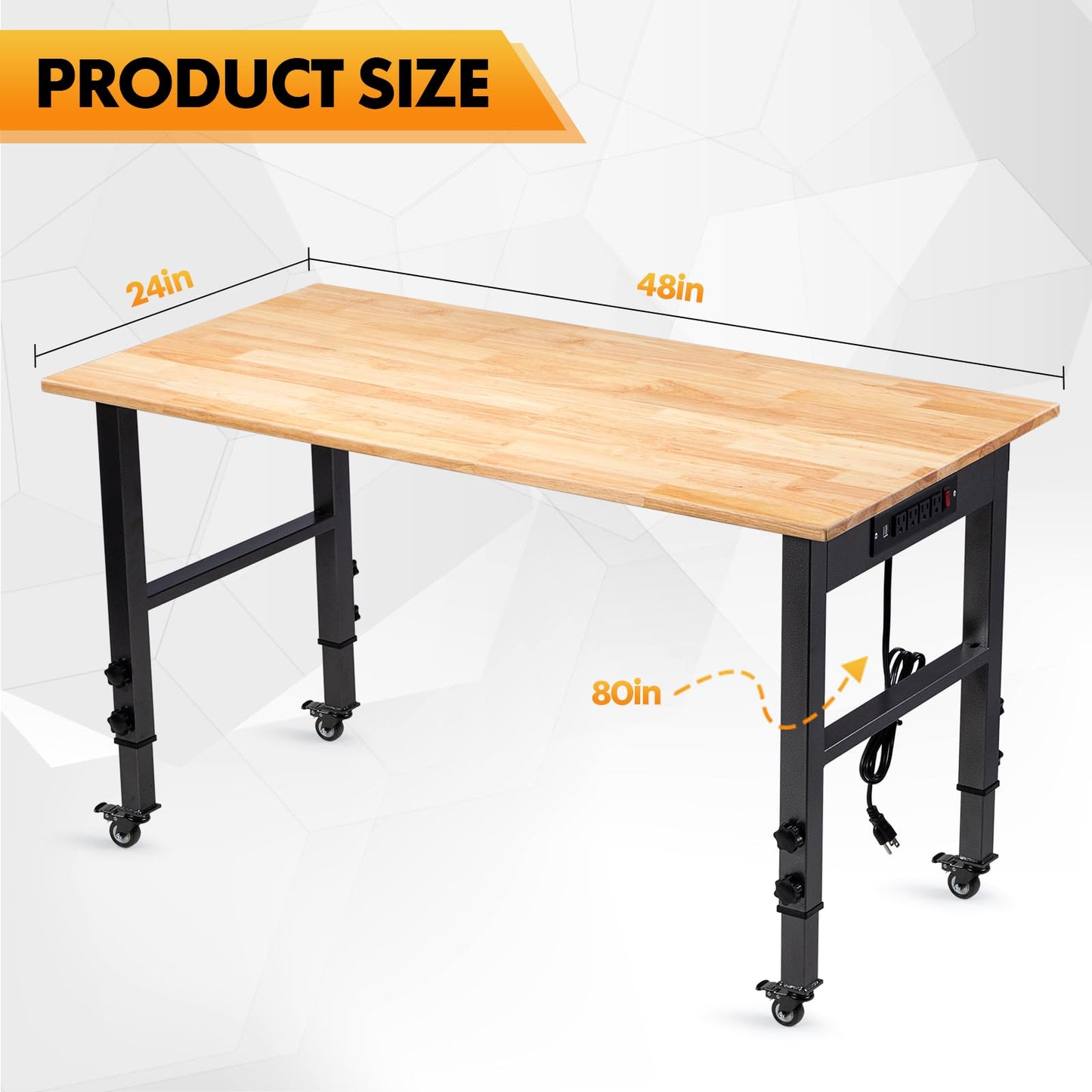 GVGBUK 48" Height Adjustable Workbench, 2000 LBS Load Capacity Rubber Wood Top Workstation, Heavy-Duty Hardwood Worktable for Garage Workshop (with Wheels and Socket,48'')