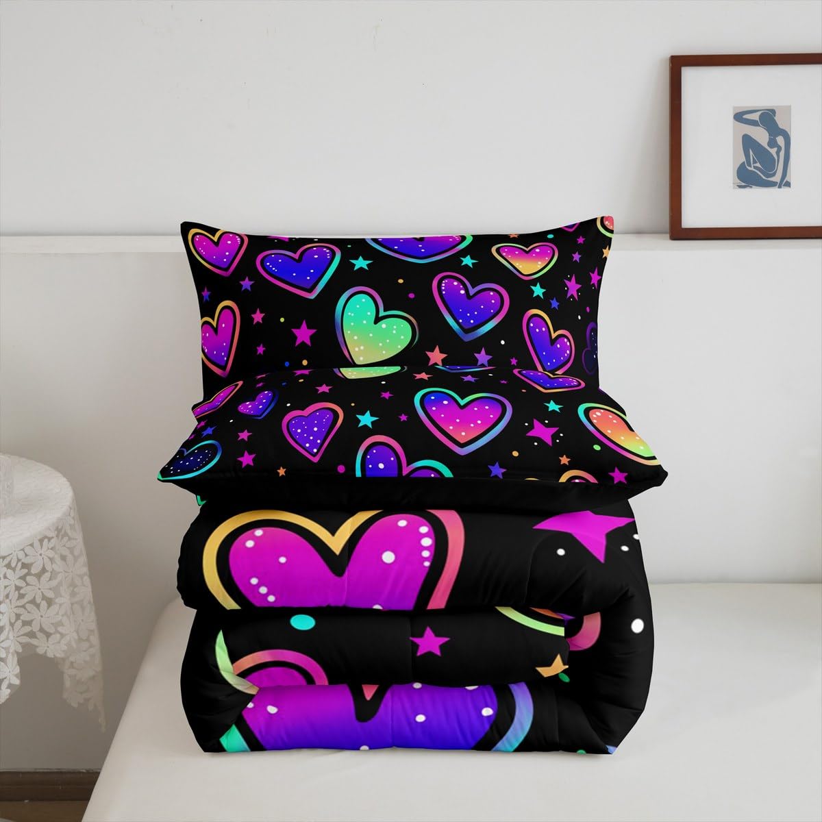 Erosebridal Neon Hearts Bedding Twin Rainbow Love Heart Comforter Set for Girls, Psychedelic Galaxy Duvet Insert Gradient Glowing Stars Down Comforter, Black Girly Bedding Comforter Sets Lightweight
