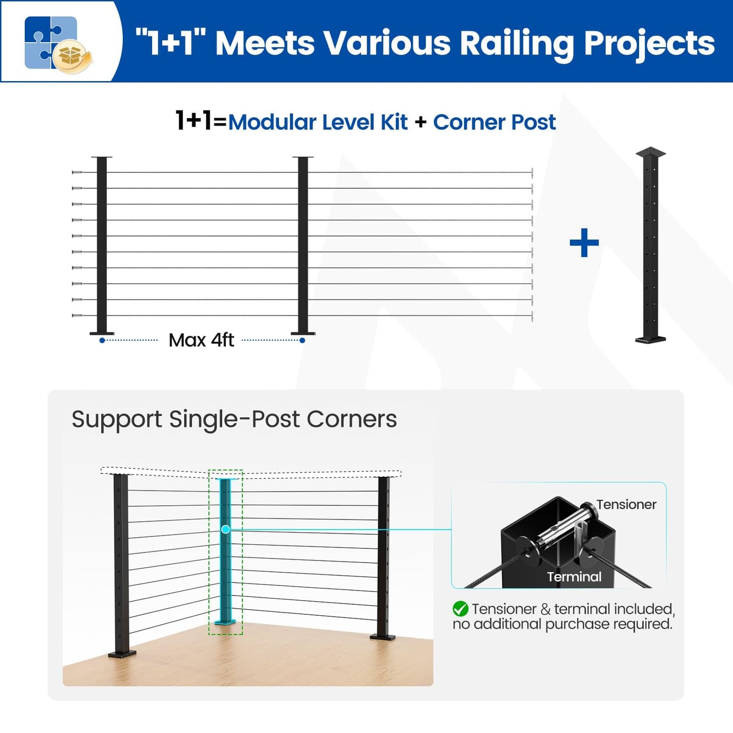 Muzata Black Corner 36 Inch Modular Cable Railing Post T-drilled One-Post Corner Solution Surface Mount Stainless Steel Cable Railing System Kit Indoor Outdoor Modular Post Kit RW39
