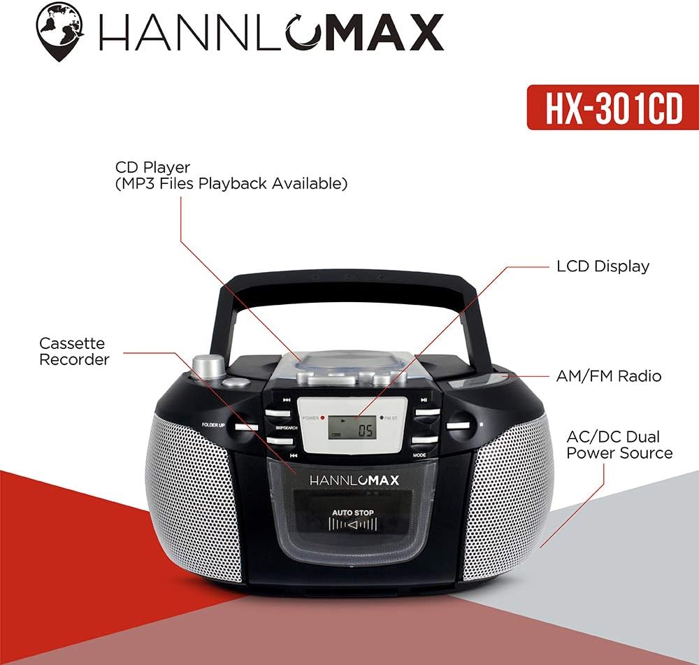 HANNLOMAX HX-301CD CD/MP3 Cassette Boombox, AM/FM Radio, Recorder, Records from CD or Radio, Headphone Jack, LCD