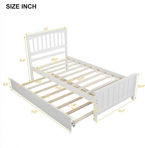 LostCat Twin Size Bed Frame - Trundle & Headboard, Solid Pinewood, No Box Spring Needed, White