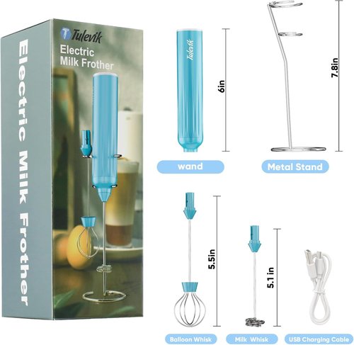 Milk Frother - Skiennix Handheld Electric Whisk with 3 Speeds & USB Rechargeable - Mini Blue Frother for Coffee, Latte & Cappuccino