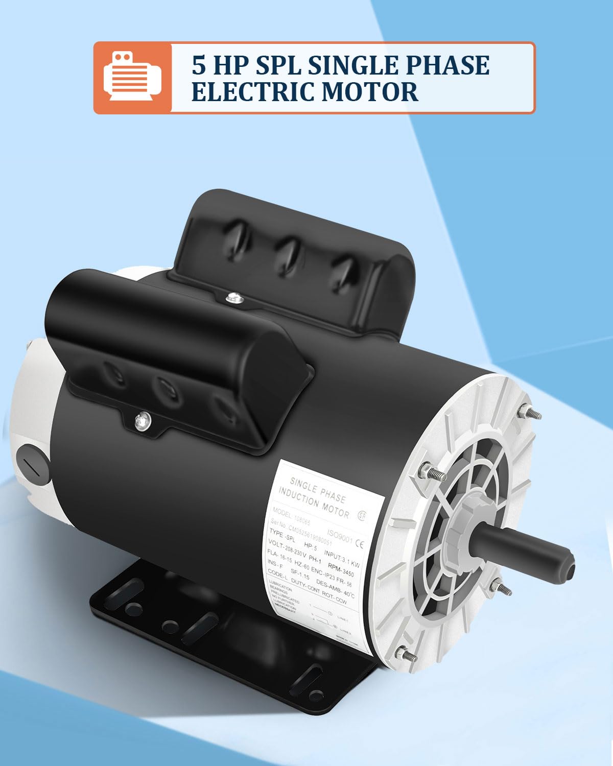 5HP SPL Air Compressor Motor 3450 RPM Single Phase, 56Frame, 208V-230V, 5/8" Shaft Diameter Rolled Steel Shell 60HZ