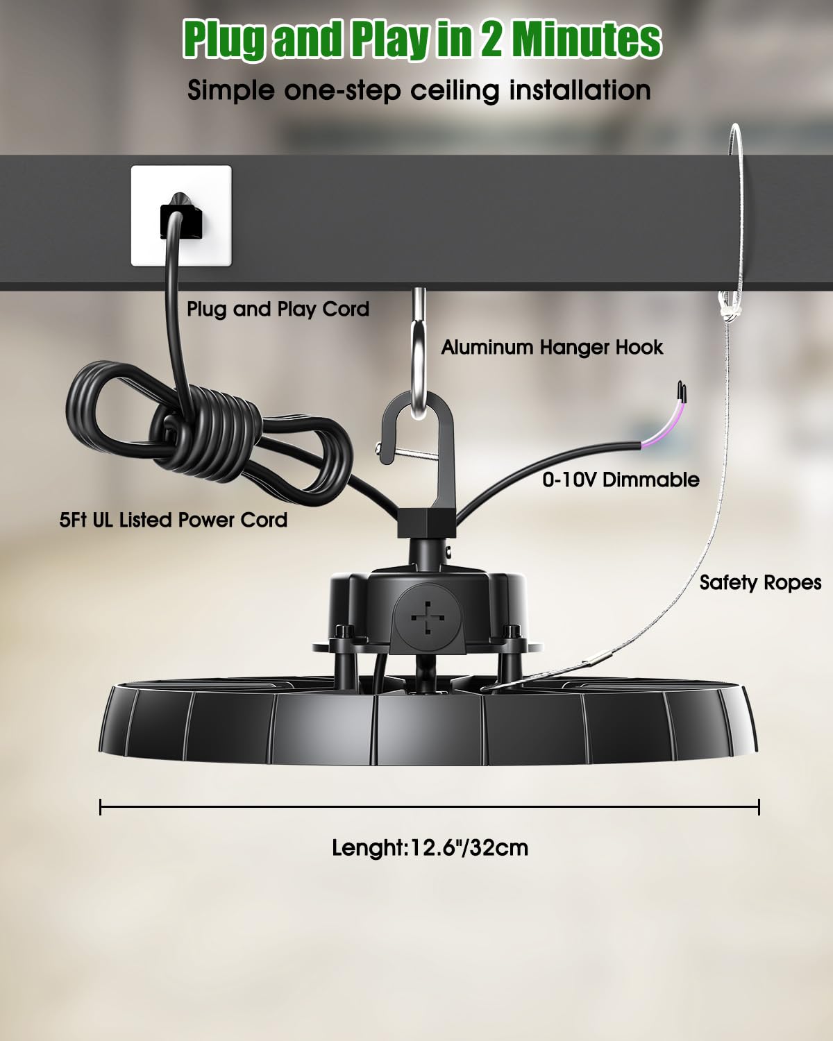 Probapro 200W UFO LED High Bay Lights - High Bay LED Shop Light 0-10V Dimmable, AC100-277V, 6500K Daylight, 26,000LM, 5Ft Cable, Plug and Play Commercial Lighting for Warehouse Factory Barn (6 Pack)