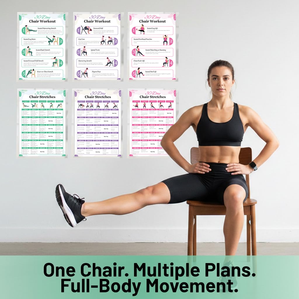 Chair Yoga Poster for Seniors & Beginners - Set of 6 Laminated Workout Posters - Gentle Seated Exercises for Stiffness, Joint Pain & Stress Relief - Easy to Follow 30-Day Challanges Home Workout Guide