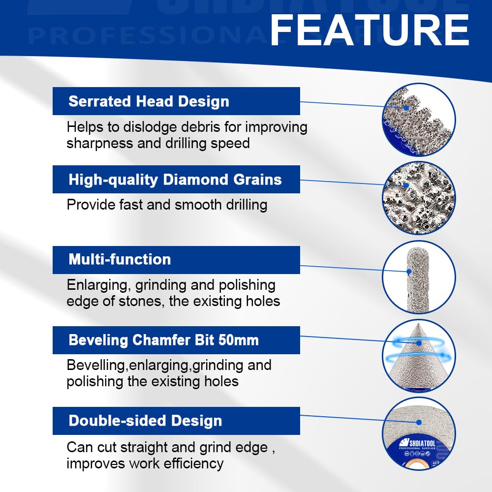 SHDIATOOL Diamond Drill Bits Kit - Core Bits Hole Saw Sets,Mould Guide for Drilling Porcelain Tile Marble Ceramic Granite with Hollow EVA Guide Jig 12pcs(6/8/10/25/35/50/65/10MM/2in/HEX+SDS+4.5in)