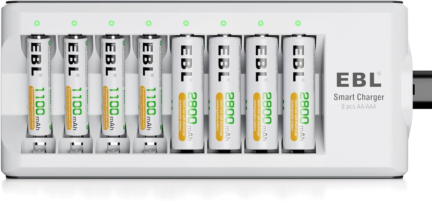 EBL 1.2V 2800mAh 4Counts 1100mAh 4Counts 8-Bay Rechargeable Batteries with Charger, NiMH AA Batteries & AAA Batteries