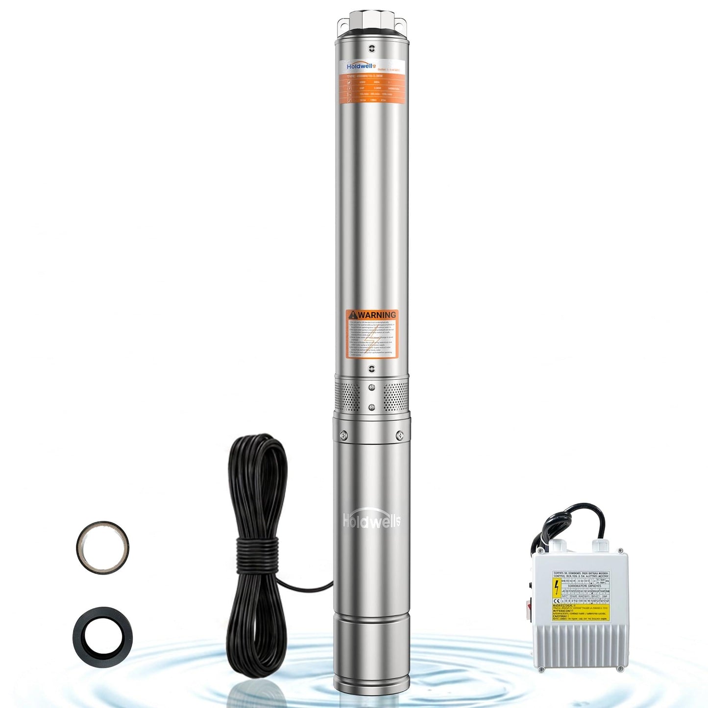 Holdwell S 1.5HP Deep Well Submersible Pump 115V/60Hz, 4 Inch Stainless Steel, External Controller, 33ft Cord, 37GPM Flow 276ft Head, IP68 Waterproof for Industrial, Irrigation, Home Use