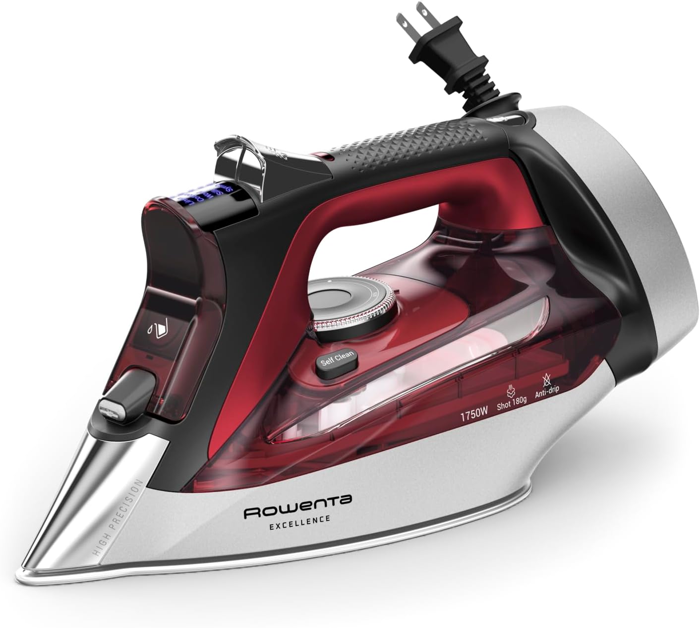 Rowenta Focus Excellence Steam Iron - 1750W Stainless Steel Soleplate, Retractable Cord, Red | 400+ Microsteam Holes