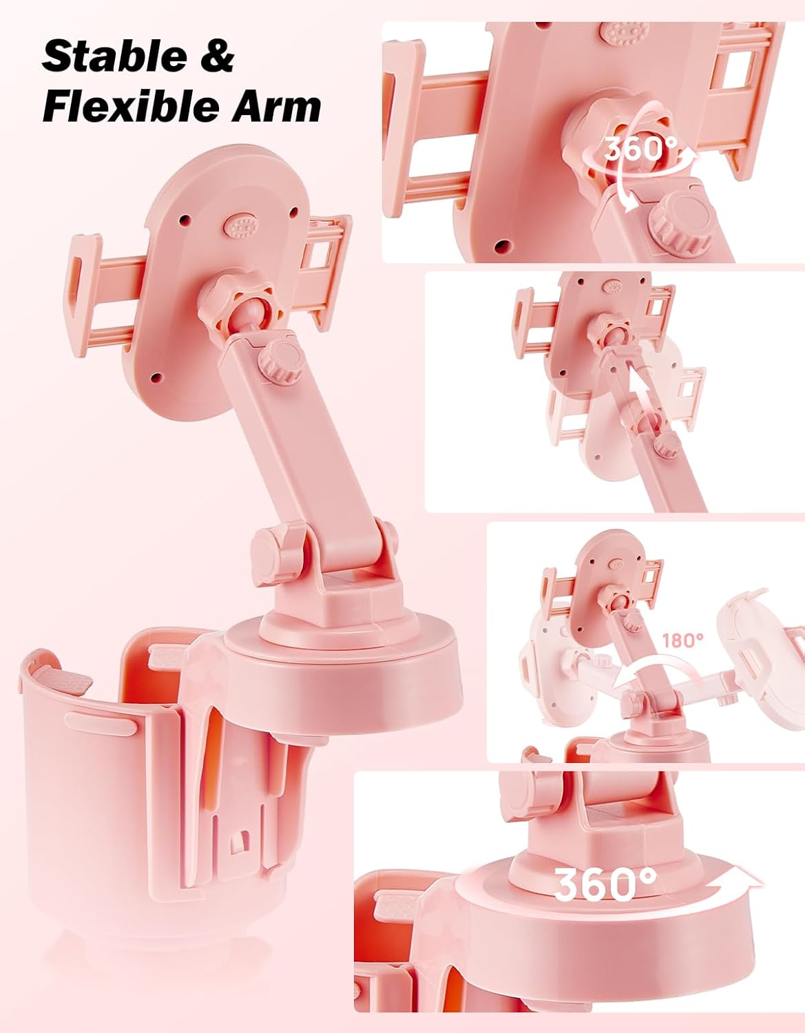 360 Smartphones,Pink,1 Pack JOYTUTUS Cup Holder Phone Mount for Car, Car Cellphone Large Adapter Long Arm with Degree