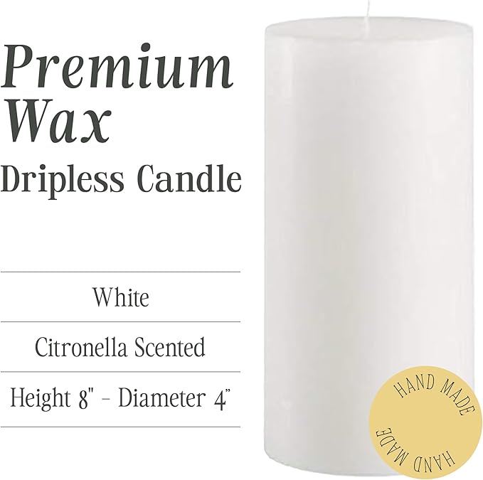 Mister Candle Citronella Candle, Ideal for Indoor & Outdoor Use, 4x8 Tall Pillar Candle, Hand Poured, Premium Wax & Dripless, Made in USA, 150 Hour Burn Time