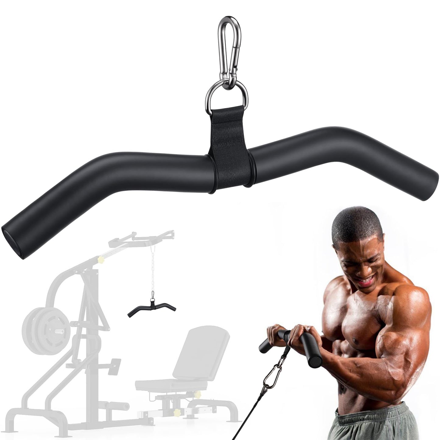 TOBWOLF Upgraded W-Shaped Lat Pull Down Bar, Lat Pulldown Attachment for Home Gym, Curl Triceps Press Down Bar Handle LAT Bar, Single D-Handle Tricep Press Down Bar With Full Wrapped EVA Rubber Handle