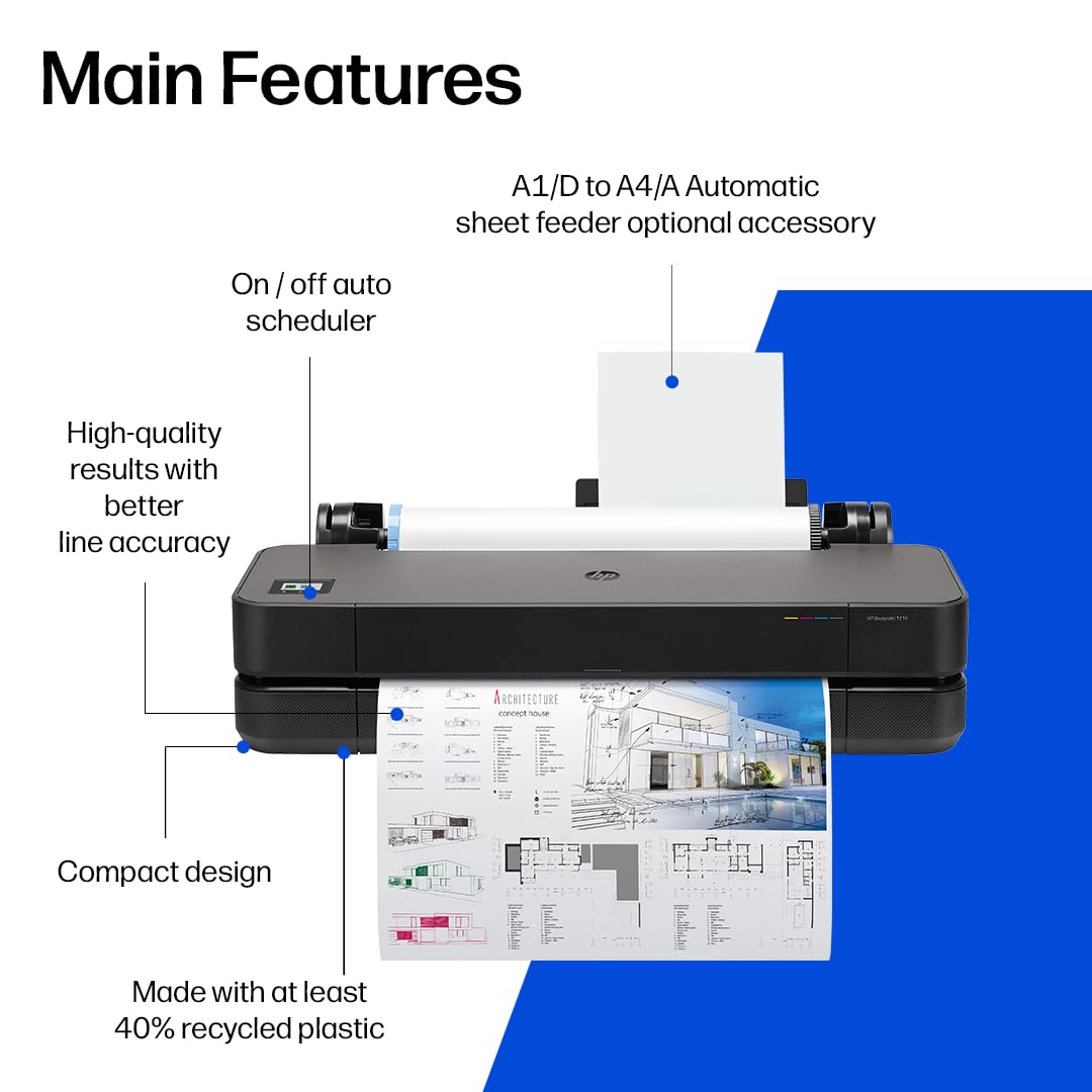 HP DesignJet T210 Large Format 24-Inch Plotter Printer for Easy CAD & Poster Prints (8AG32T), Includes 2-Year Warranty & Support
