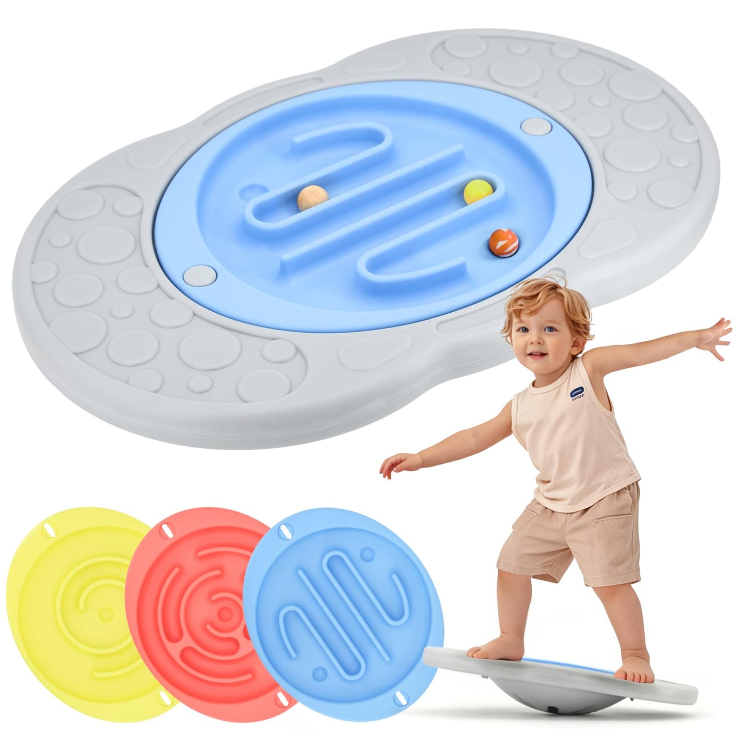 Balance Board Maze for Kids, Wobble Board with 3 Balls, 3 Replacement Labyrinth Boards, Indoor Active Play Toys for Sensory Training, Ages 3+, Max Load 140 Lbs