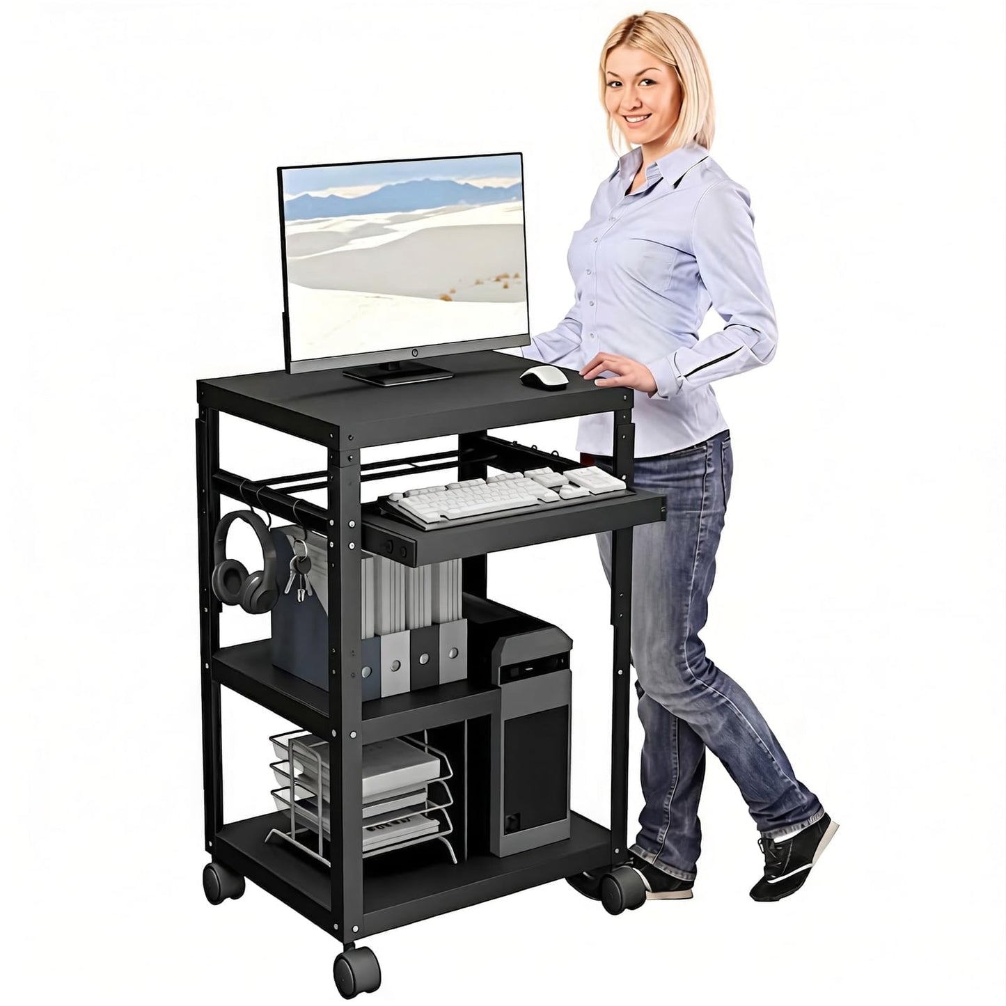 tonchean AV Presentation Cart for Video,Laptop Computers,Projector Cart with Adjustable Shelves,6 Hooks,4 Wheels,Keyboard Tray,Mobile Computer Cart for Classroom Office Warehouse