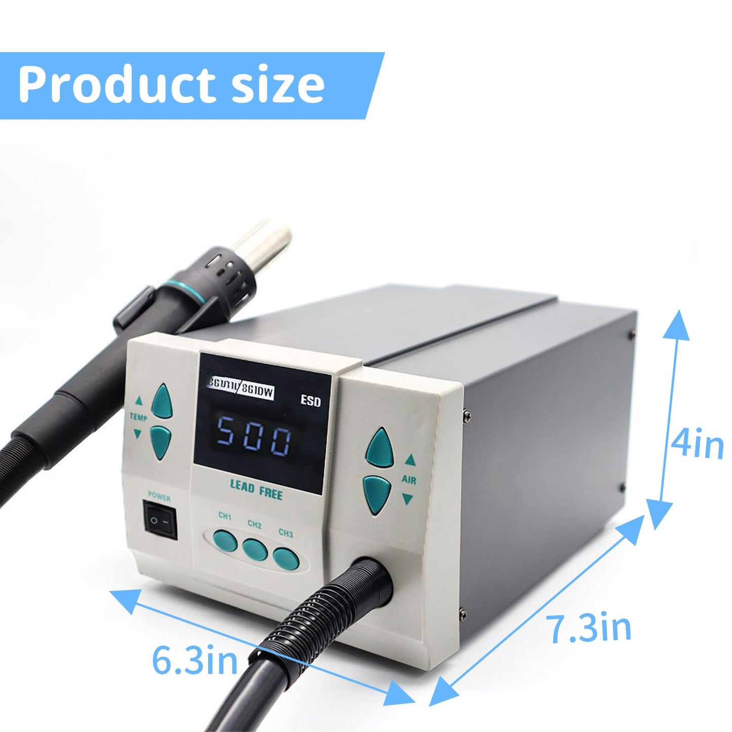 Hot Air Station, 861DW Hot Air Rework Station 110V 1000Watt Digital Display Automatic Sleep Adjustable Temperature Hot Air Soldering Station for Miro Soldering Rework with 7PCS Free Nozzles