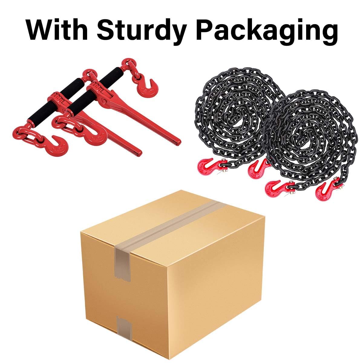 Lechansen Chain and Binders Kit 5/16" - 3/8", 2 Pack G80 Ratchet Load Binder 5/16" to 3/8", G80 Transport Chain × 20 Feet with G80 Hook, 5,400 lbs WLL Ratchet Binder and Chain for Towing, Hauling