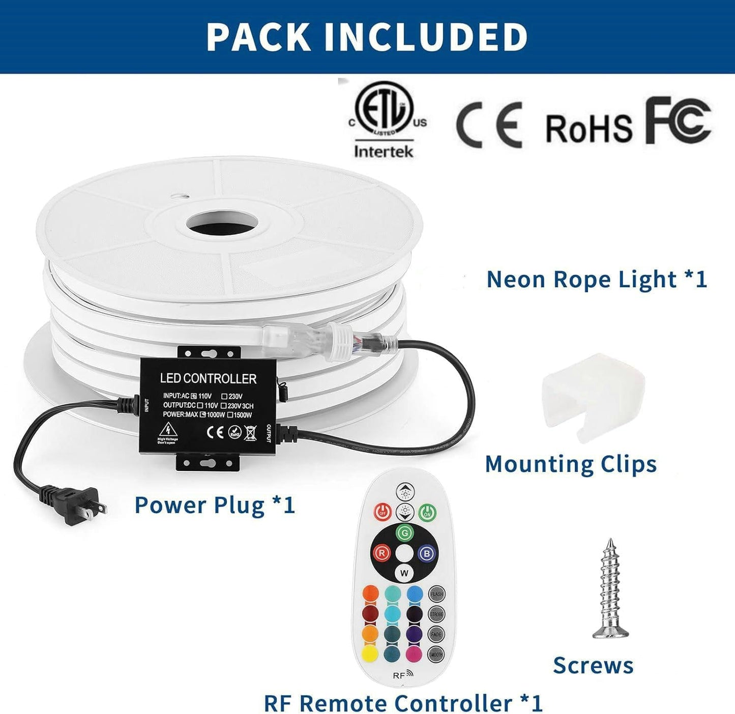 FORT Neon LED Rope Lights, 32.8FT, RGB Color Changing, 144 LEDs/m, Waterproof, Model CA-NEON, Flexible Indoor & Outdoor Lighting
