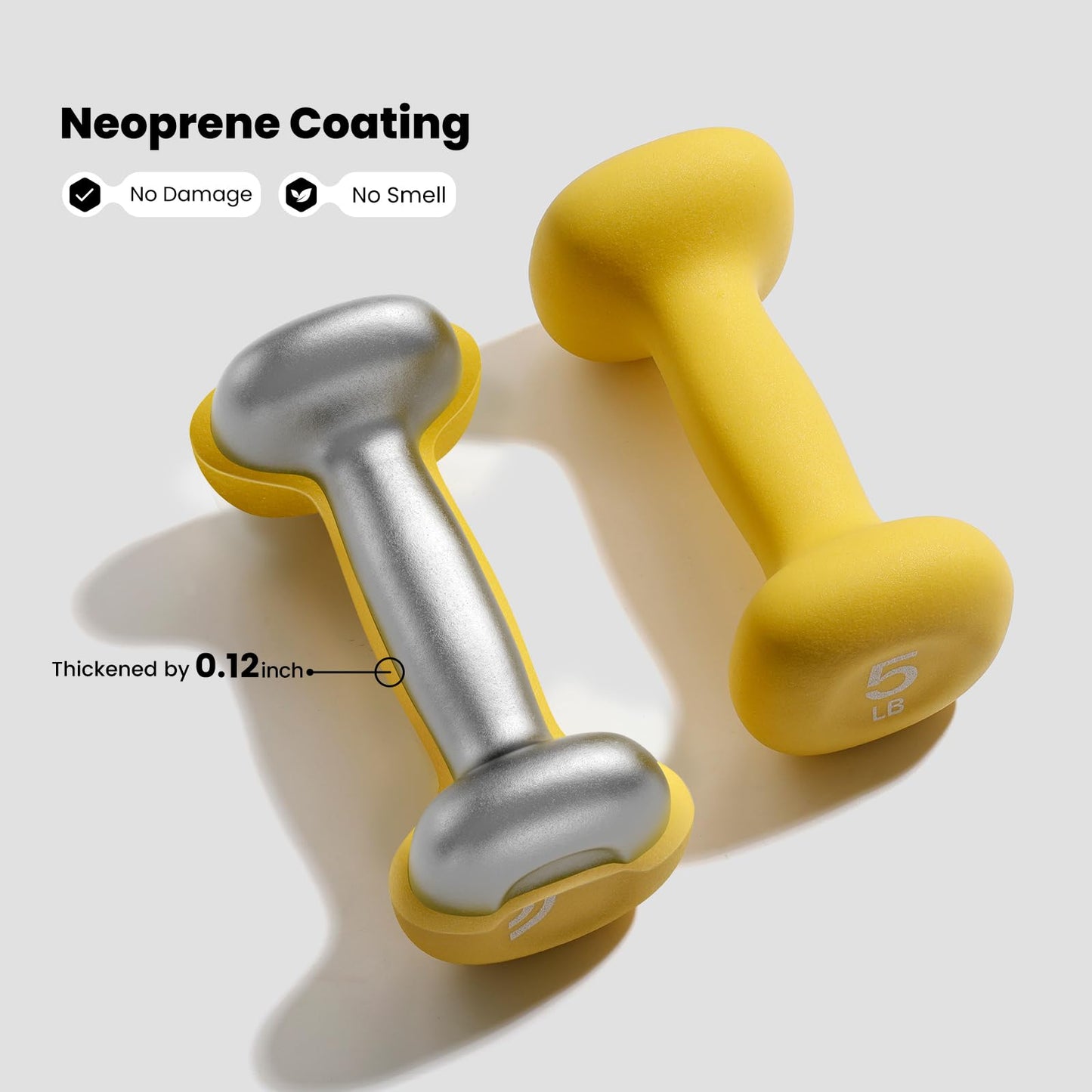 Sportneer Neoprene Dumbbells Set of 2, 2,3, 5, 8, 10lb Hand Weights for Women, Non-Slip Ergonomic Design, Anti-Roll Square Shape at home weights for women (Butter Yellow, 5lb-pair)