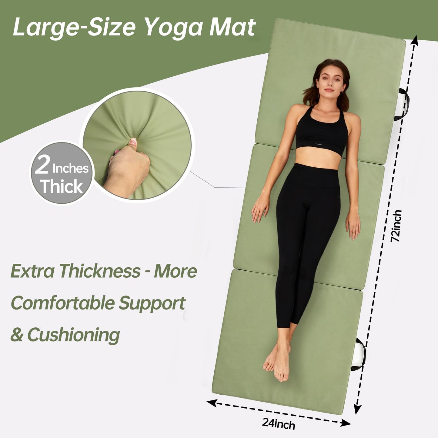 SEHAUSEU Foldable Yoga Mat, 2 Inches Extra Thick Non-Slip Design Fitness Mats,Better cushioning and shock-absorbing Multi-Purpose Exercise Pilates Mat for Home Studio-72 x 24 x 2" Green