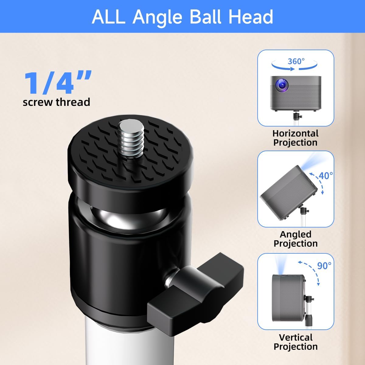 suptek 360Swivel, 36.6-46.8inch, PR001FW Projector Stand Height Adjustable Mini Projector Mount Bracket, Compatible