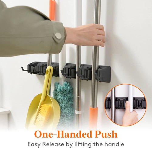 Lifewit Mop And Broom Holder - Anti-Slip Wall Mount Organizer With 5 Slots & 6 Hooks | Holds 30lbs, Black