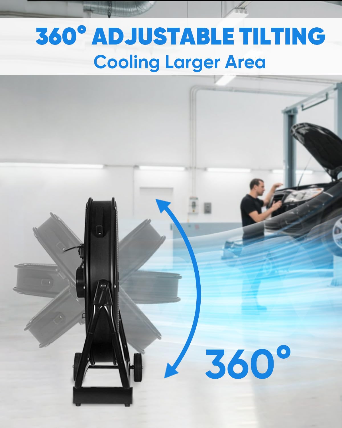 KEN BROWN 24 Inch Industrial Shop Fan, TurboSweep 8 Blades High Velocity Drum Fan, 9500 CFM, Heavy Duty 3 Speeds, 360° Adjustable Tilt for Industrial Commercial Gym Garage