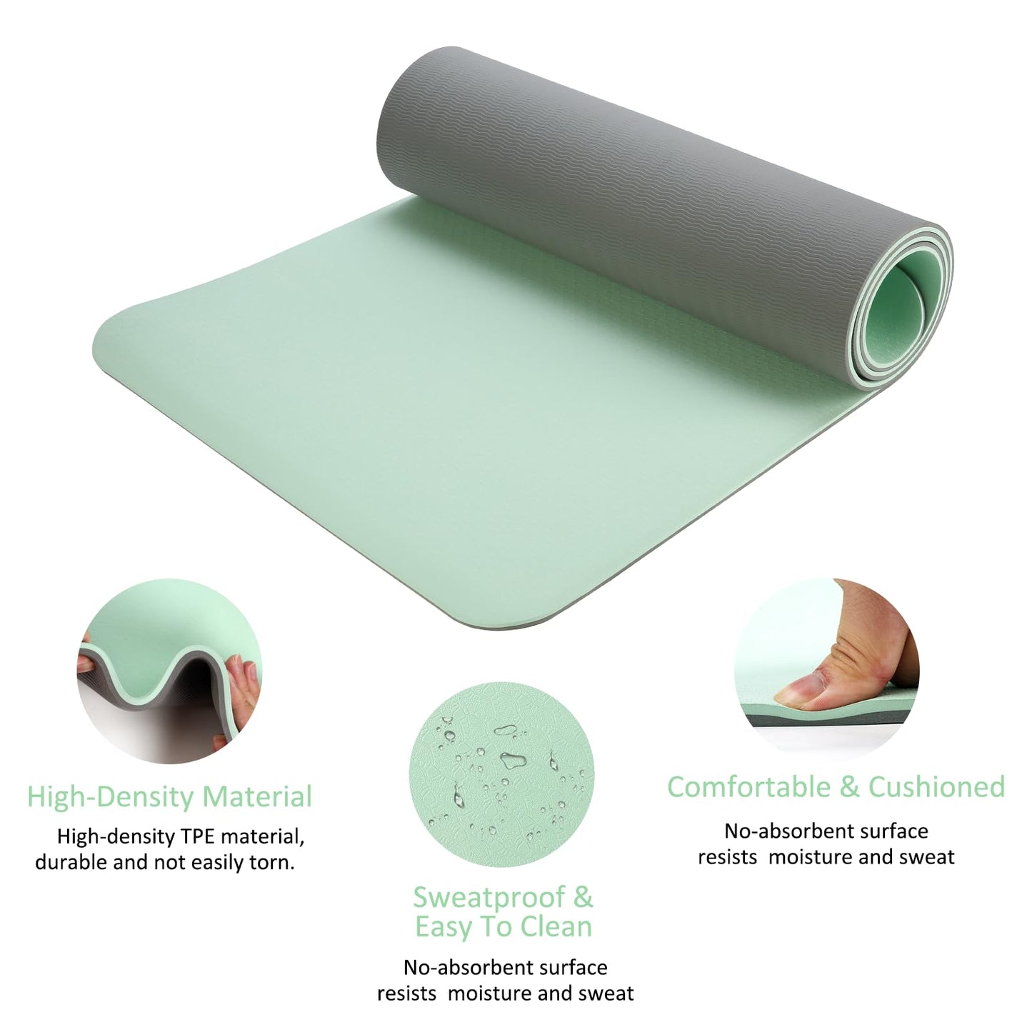 CAVIRA 1/3inch Thick (8mm) TPE Yoga Mat for Beginners, Non-Slip Cushioned Yoga Mat with Carrying Strap for Pilates, Stretching and Home Workout, 72 x 24 Inch, Green Grey