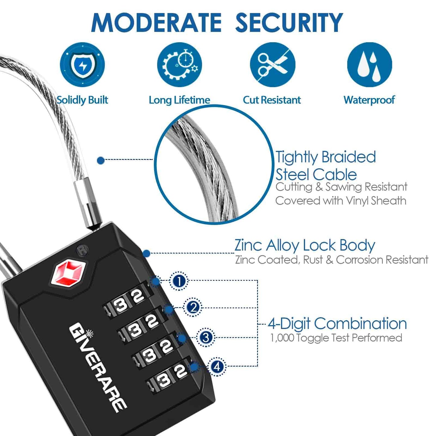 2 Pack TSA Approved Travel Luggage Locks, 4-Digit Cable Combination Suitcase Lock, Metal Alloy Padlocks, Weatherproof Padlock for Locker, Bag, Gun Case, Backpack, Anti Theft, Easy Read Dials-Black