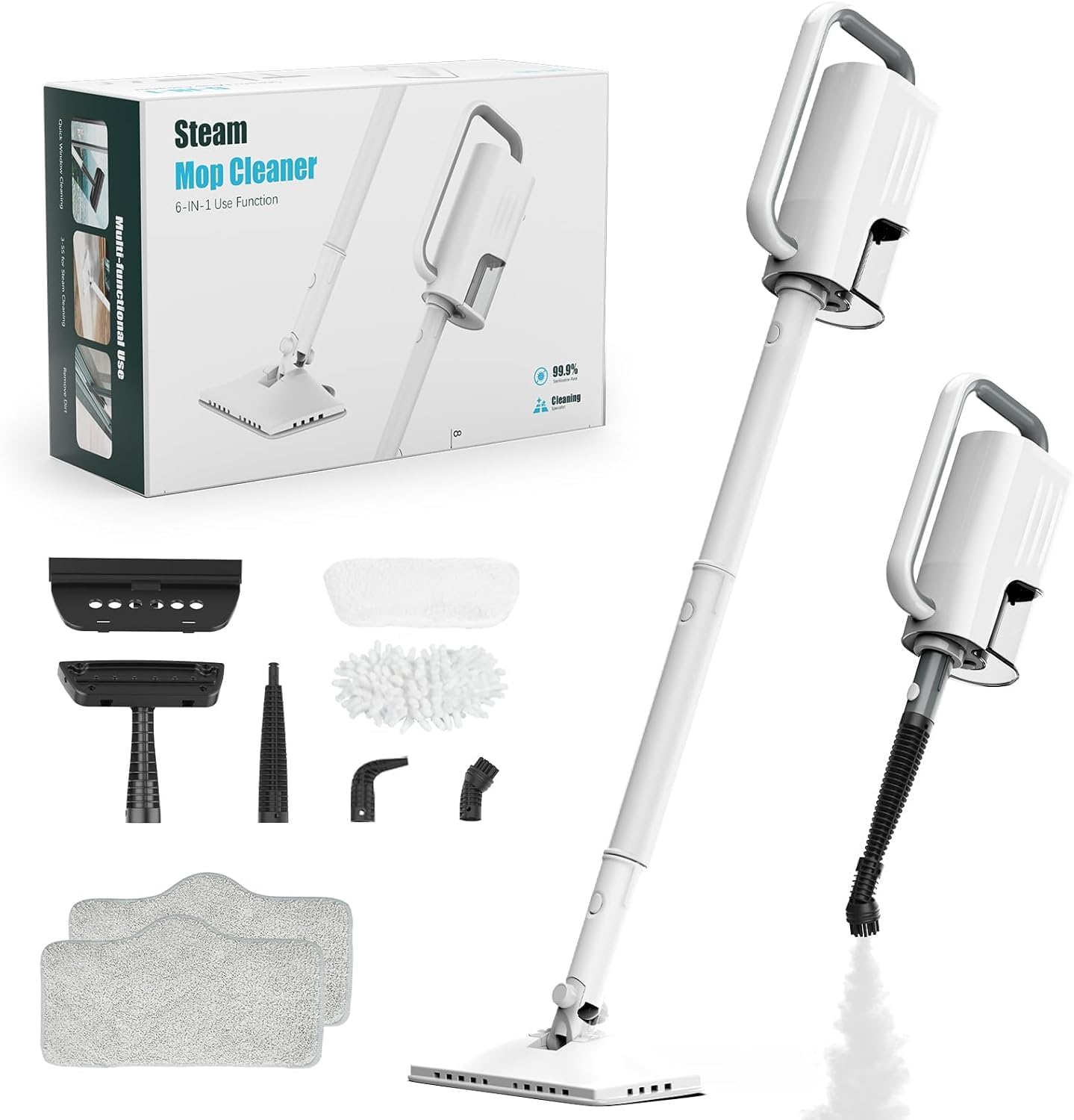 6 in1 Rotated Steam Mop Cleaner with 2 Microfiber Pads,2 Modes， 400ML Removable Tank, 23FT Power Cable