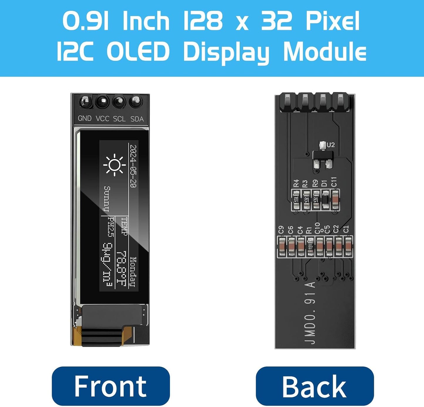 YELUFT 4pcs 0.91 Inch I2C 128 32 SSD1306 3.3V~5V Pi/ESP32 Pre-Soldered OLED Display Module with Protective Case x Pixel