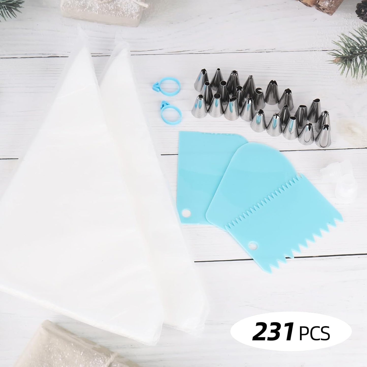 Skiennix 200 Pcs Piping Bags Set - 12 Inch Disposable Pastry Bags with 24 Tips & Accessories for Cake Decorating