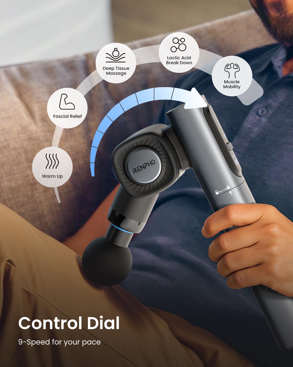 RENPHO Foldable Massage Gun with Extension Handle for Back, Fathers Day Dad Gift, 0-90° Adjustable Angle, FSA Eligible, Handheld Percussion Deep Tissue Massager with 9mm Amplitude for Pain Relief HSA