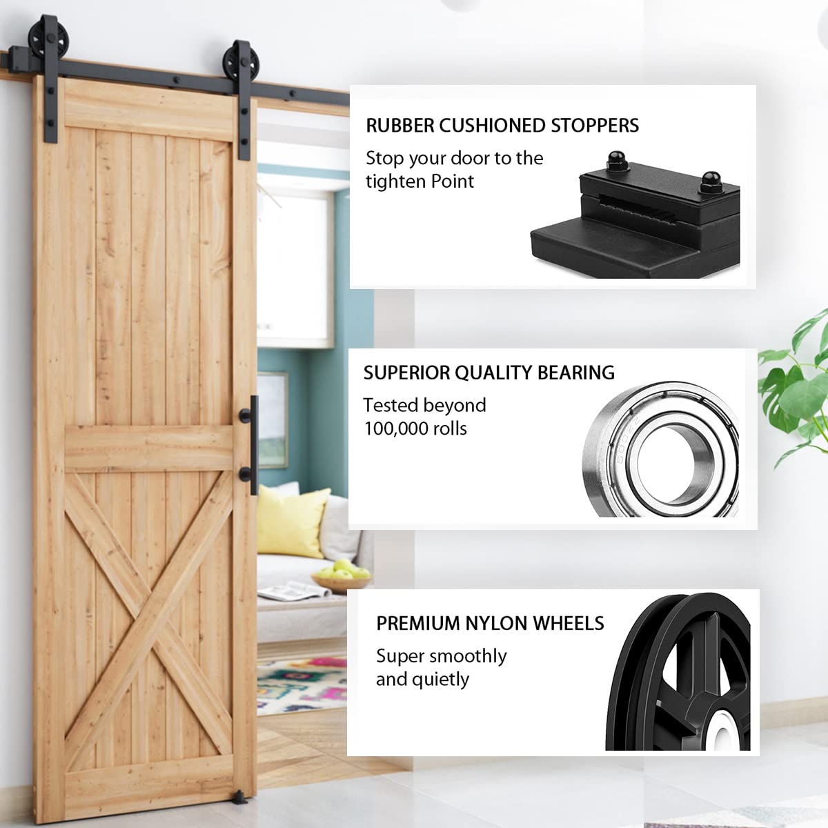 SMARTSTANDARD 8 FT Heavy Duty Sliding Barn Door Hardware Kit, 4FT - 18FT, Black, Smoothly and Quietly, Simple and Easy to Install, Fit 42"- 48" Wide Door Panel (Industrial Bigwheel Hangers)