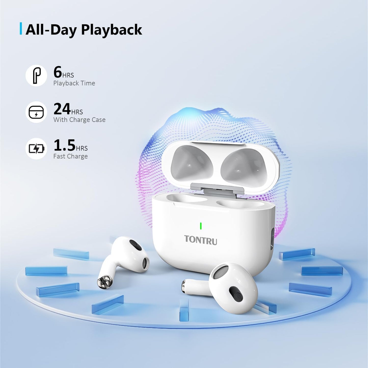 TONTRU 5.3 24H Wireless Headphones, Bluetooth Earbuds, Semi-in Ear with AI Noise Cancelling, Playtime, Ultra-Light
