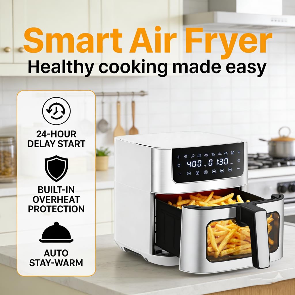 HealSmart 6.34 Qt Air Fryer with Window, 8-in-1 Digital AirFryer Oven, 1700W, Nonstick Dishwasher-Safe Basket, Air Fry, Roast, Dehydrate, 90-Min Timer, Stainless Steel, White