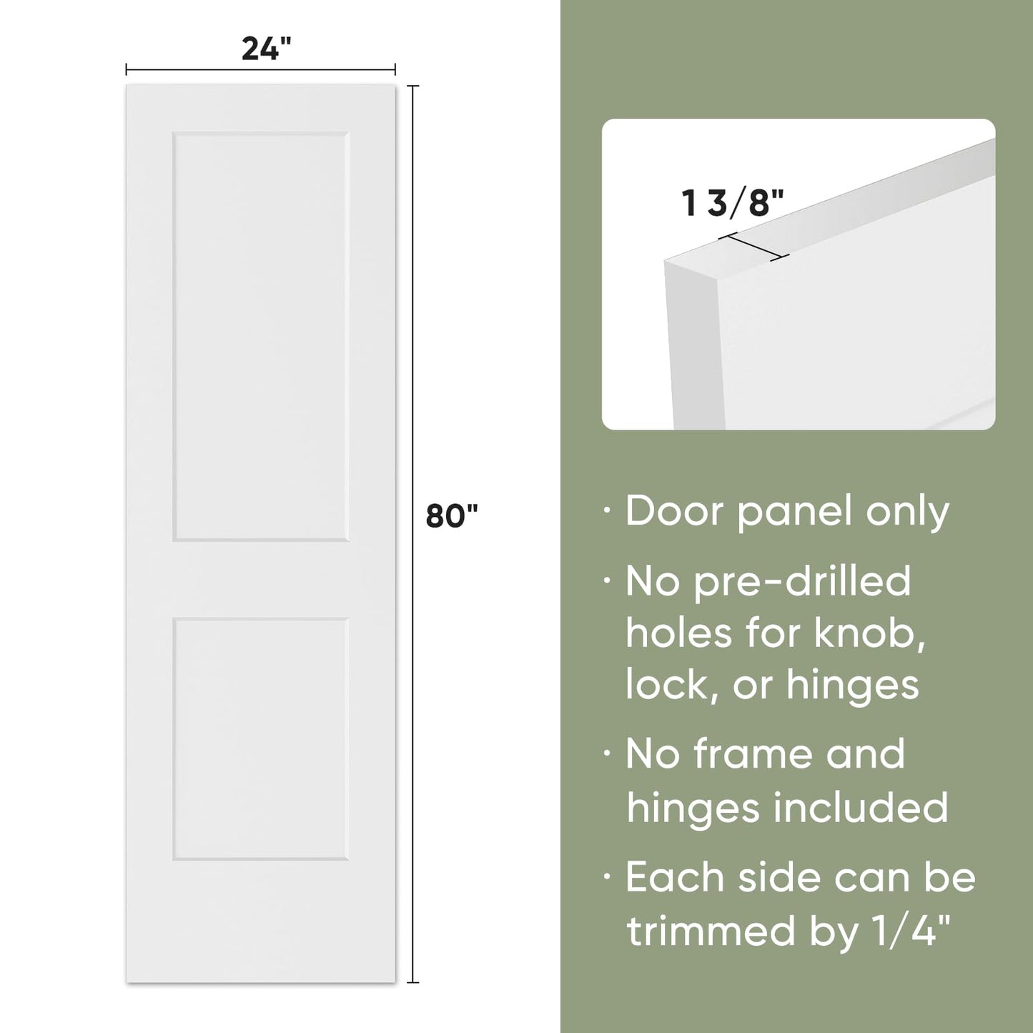 BARNSMITH 24x80 in 2-Panel White Primed Molded Door Slab, Shaker Style Paintable Hollow Core Interior Door Panel, for Swing, Pocket, Sliding Door, Durable and Lightweight, No Assembly Required