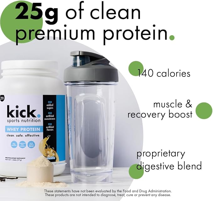 Kick Whey Protein Powder, Vanilla Flavor, 25 G Protein, Gluten Free Workout Supplement With Amino Acids to Support Fitness Goals & Digestive Wellness, No Added Sugar, No Artificial Flavor, 16 Servings