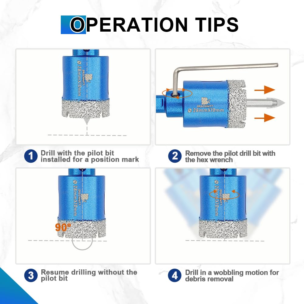 BRSCHNITT Diamond Tile Hole Saw Kit with Pilot Bit - (6-100mm) Dry Diamond Core Drill Bit Triangle Shank&Tile Blade for Porcelain Tile Ceramic Stone Granite Marble
