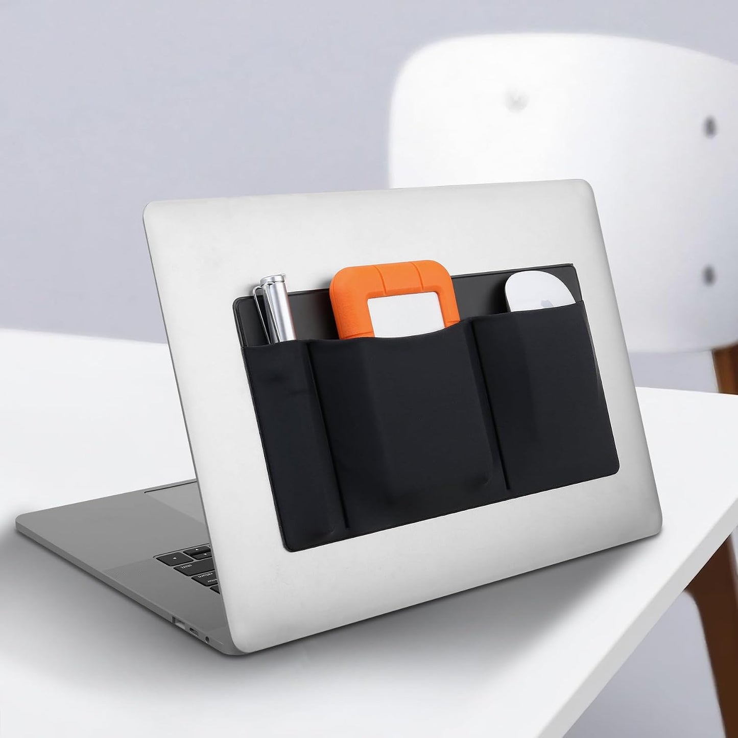 3-Pocket Lacdo Mouse Holder for Laptop Stick on, External Hard Drive SSD Holder for Laptop, Stick on Pouch Organizer